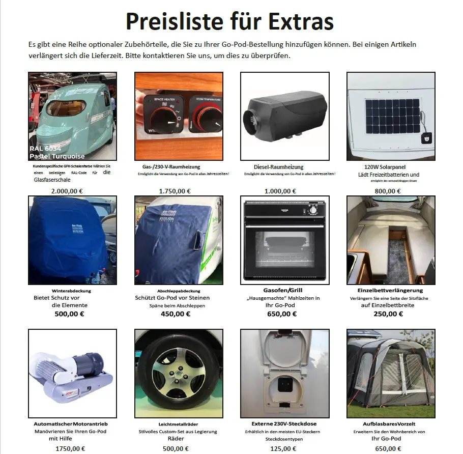 Wohnwagen Go-Pod Extras Preisliste